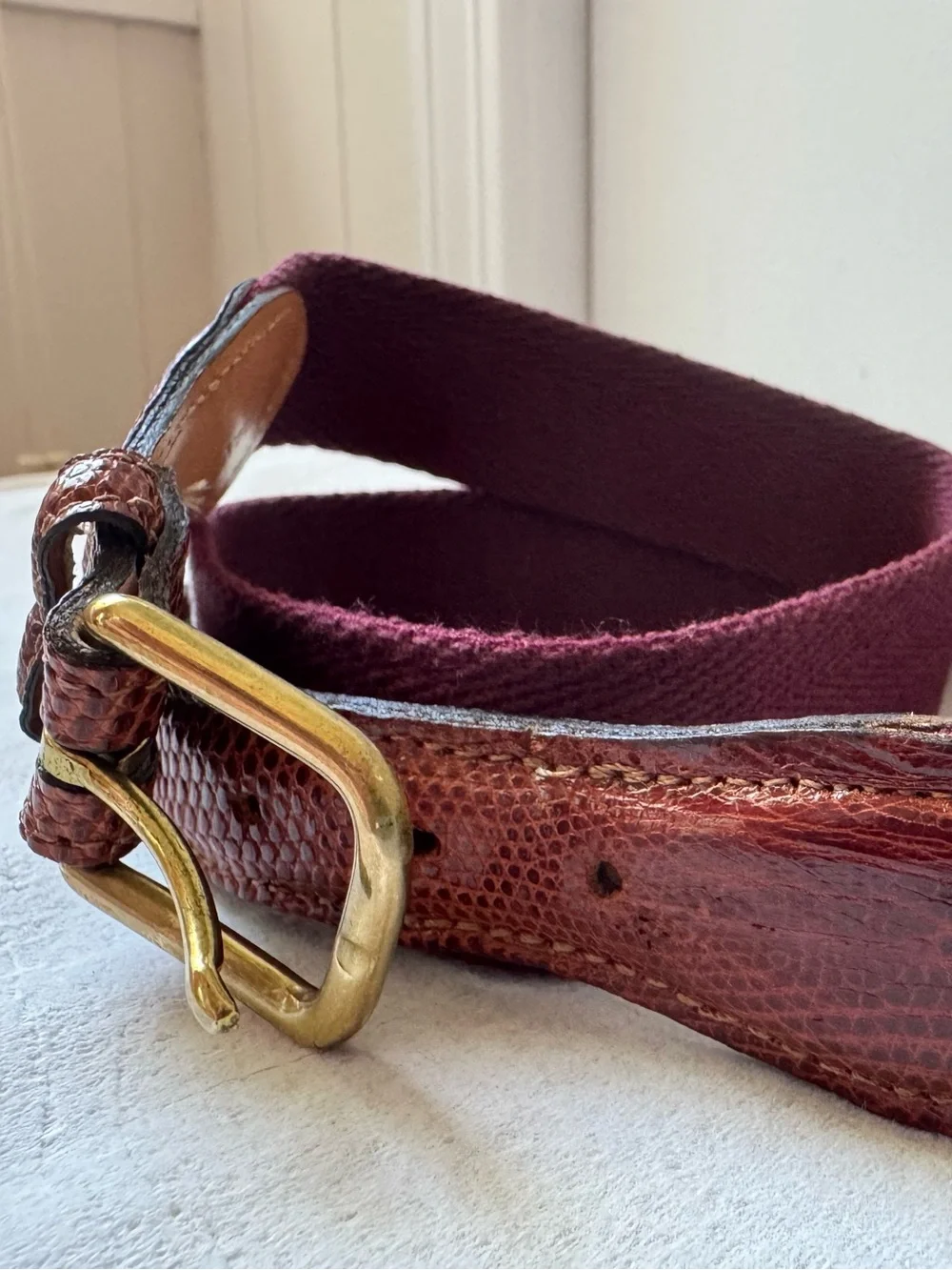 Vintage Cole Haan Genuine Lizard & Canvas Belt Burgundy Brown Size 32⁠